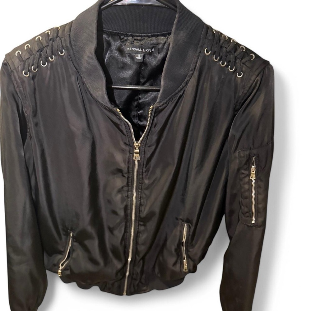Kendall & Kylie Lace-Up Black Bomber Jacket – Size S